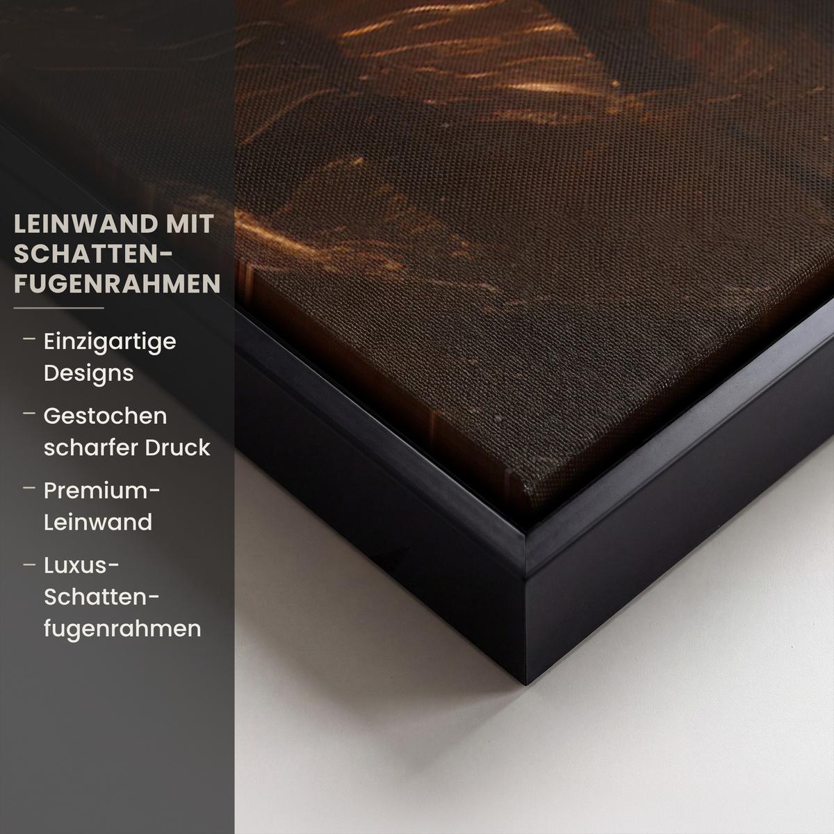 LEINWAND Bilder mit Rahmen - Gesicht - Dame - Blätter - Pinselstriche - 90x60 - Goldfarben, Textil (90/60cm) - MuchoWow