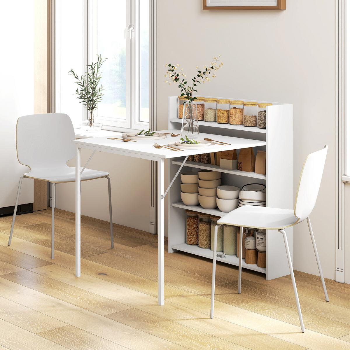 ESSTISCH Klappbar Küchentisch mit 4-stufigen Regalen für 3 Personen, Weiß - Weiß, Holzwerkstoff/Kunststoff (91/78.5/93cm) - HOMCOM