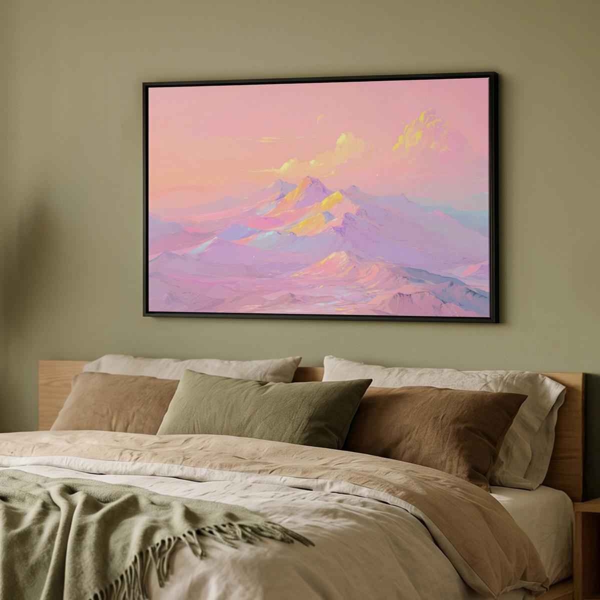 LEINWAND Bilder mit Rahmen - Berggipfel - Wolken - Verträumt - 90x60 - Hellrosa, Textil (90/60cm) - MuchoWow