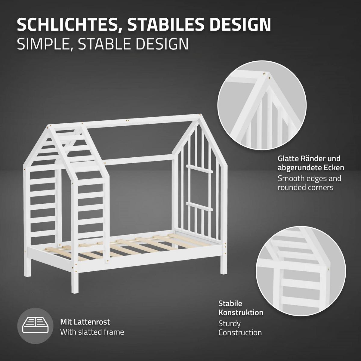 KINDERBETT 70x140 cm mit Lattenrost Dach und Fenster Hausbett aus massivem Kiefernholz Weiß - Weiß, Holz (70/140cm) - ML-DESIGN