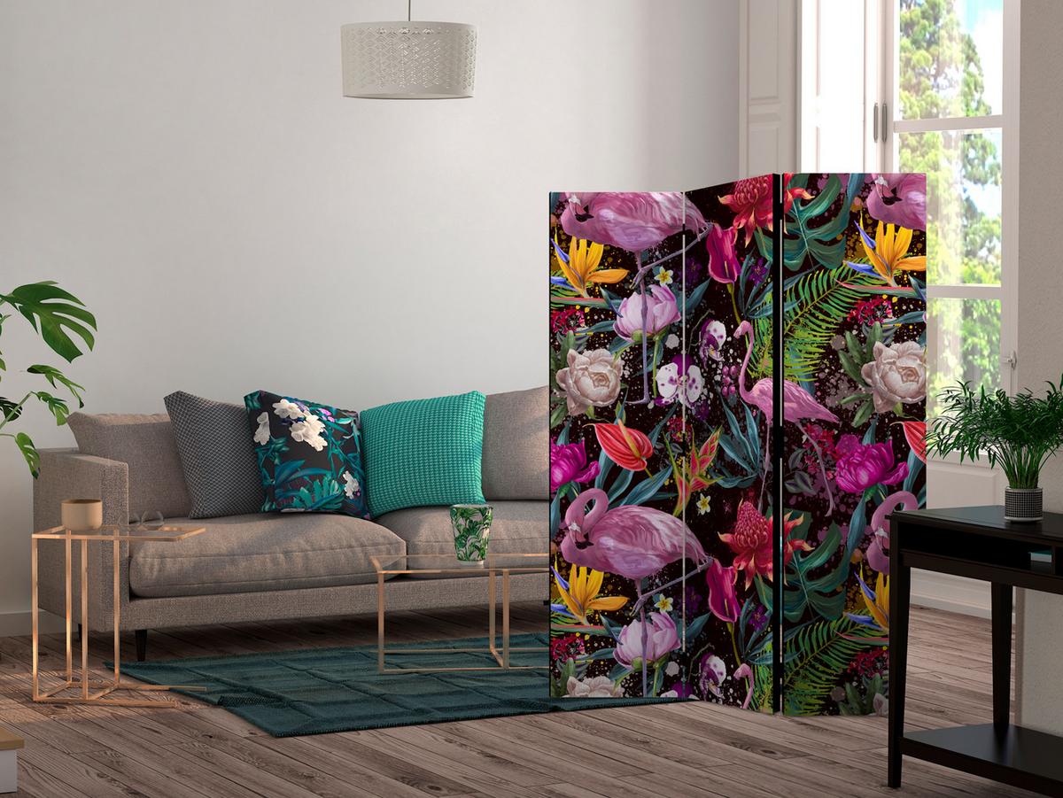 PARAVENT Beidseitig Bedruckter 3-tlg 135x172 cm Flamingos Und Exotische Blumen - Rosa, Holz/Textil (135/172/3cm) - Muralo