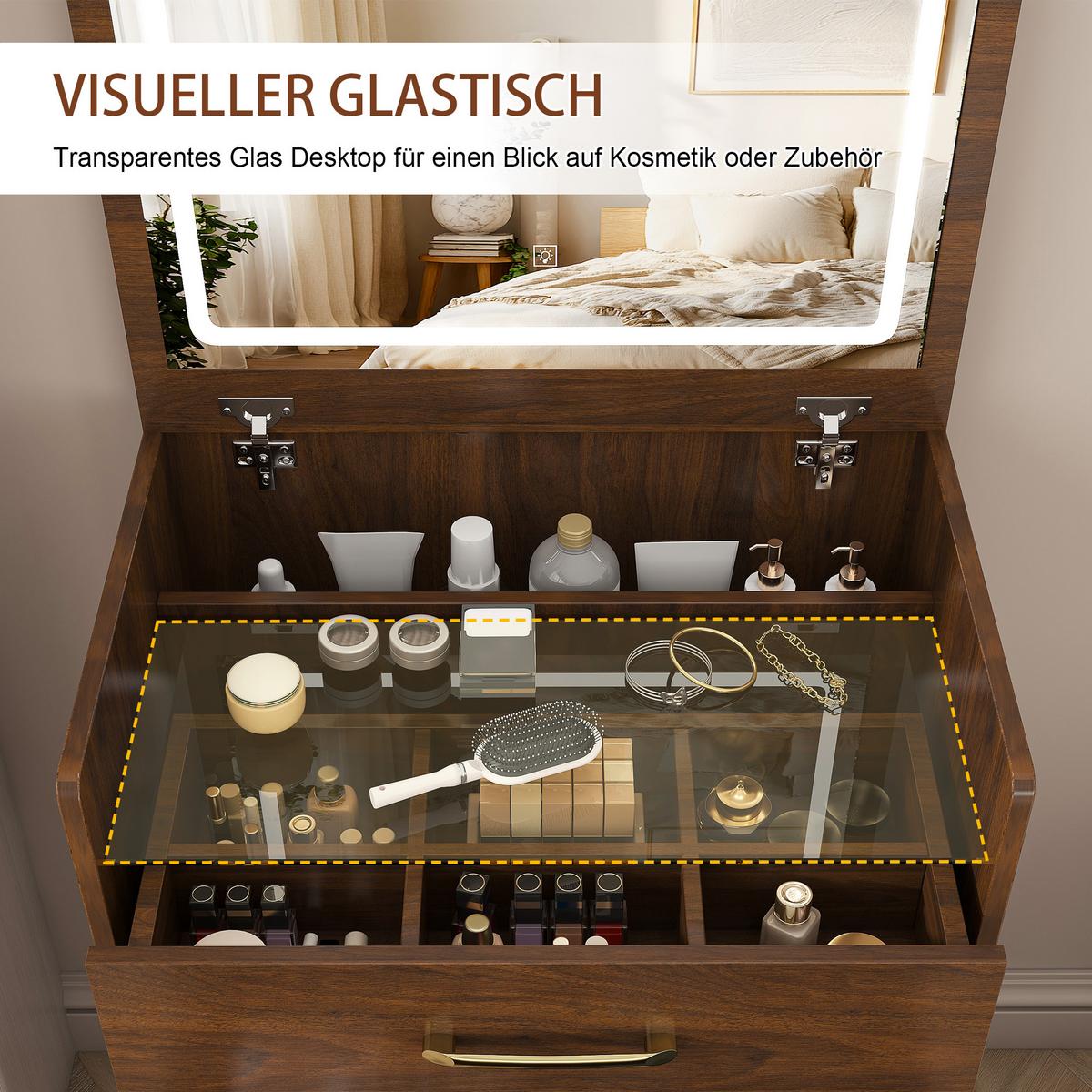 SCHMINKTISCH 3-in-1 Set Walnuss-Optik & Glas mit LED-Klappspiegel & Hocker - Walnussfarben, Holzwerkstoff (60/118/40cm) - Urban Meuble