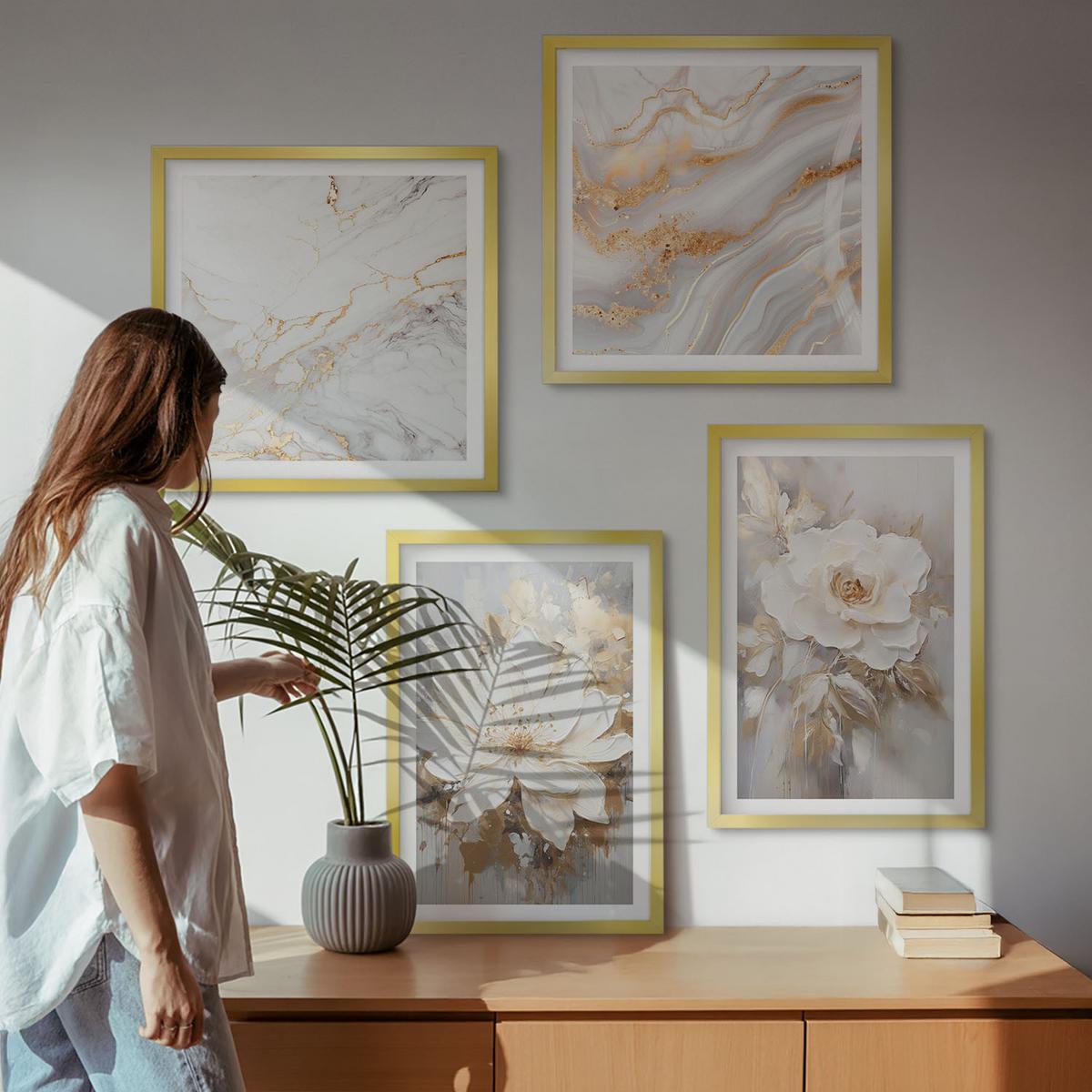 BILDER SET 4er Set - 50x50 cm & 40x60 cm Goldrahmen - Blumen, heller Hintergrund, Marmormuster - Goldfarben, Kunststoff (50/50cm) - TULUP