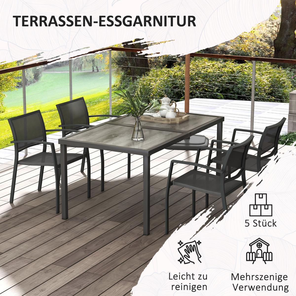 SITZGRUPPE Gartenmöbel-Set, 1 Esstisch, 4 stapelbaren Stühlen, Textil, Dunkelgrau - Grau, Textil/Metall - Outsunny