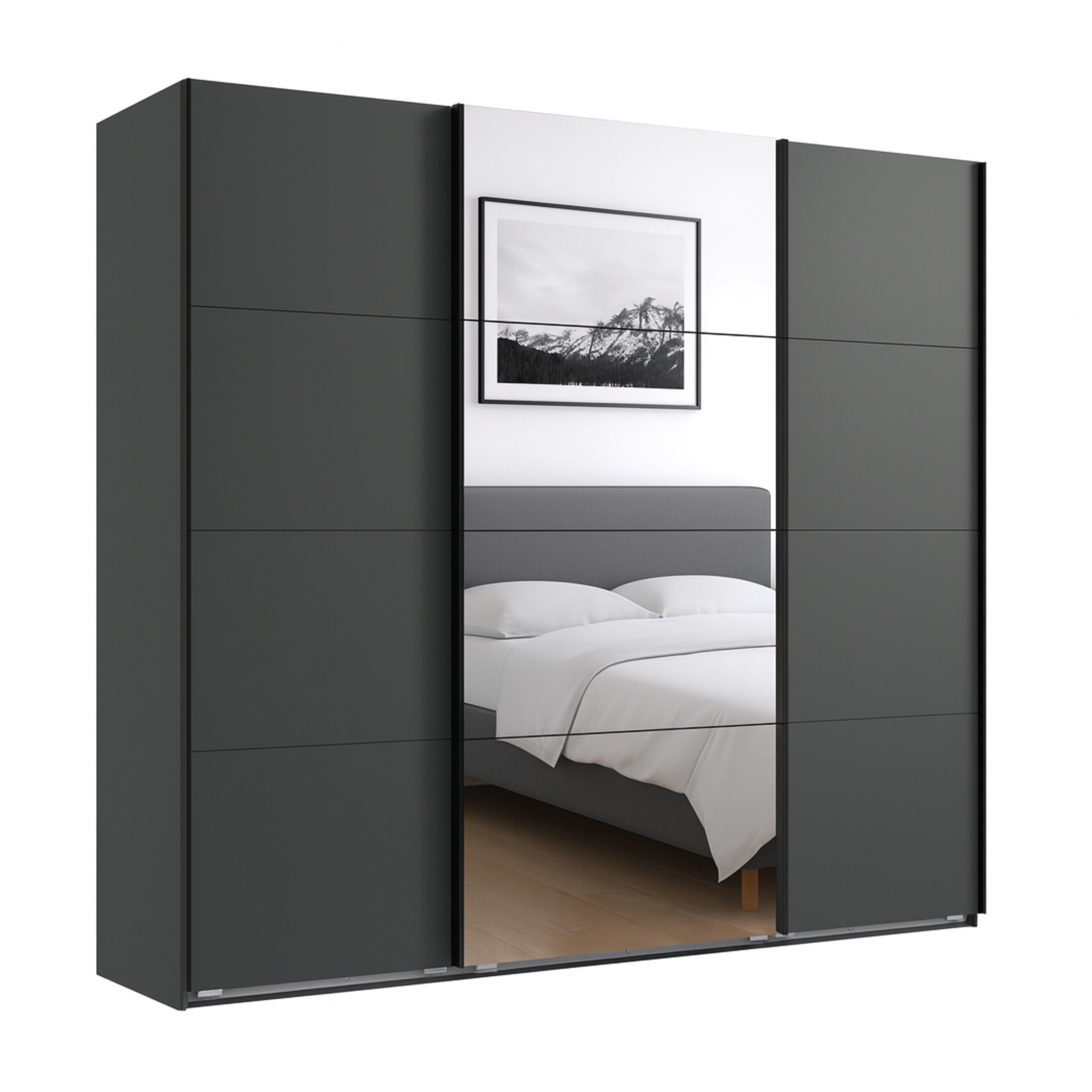 SCHWEBETÜRENSCHRANK 3-türig B225/H208/T64 cm in Grafit, Kleiderschrank mit einer Spiegeltür / 22519 - Edelstahlfarben/Graphitfarben, Holzwerkstoff/Metall (225/208/64cm) - luma-home