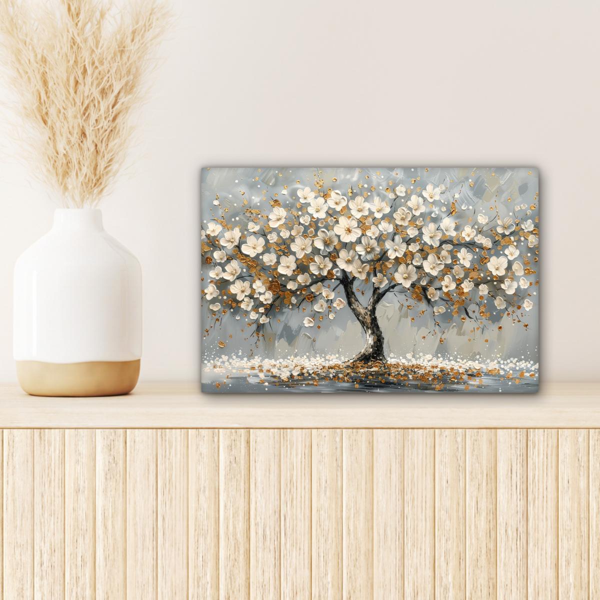 LEINWANDBILD Baum - Blumen - Weiß - Natur - Kunst Deko Schlafzimmer 30x20 cm - Weiß, Textil (30/20cm) - MuchoWow