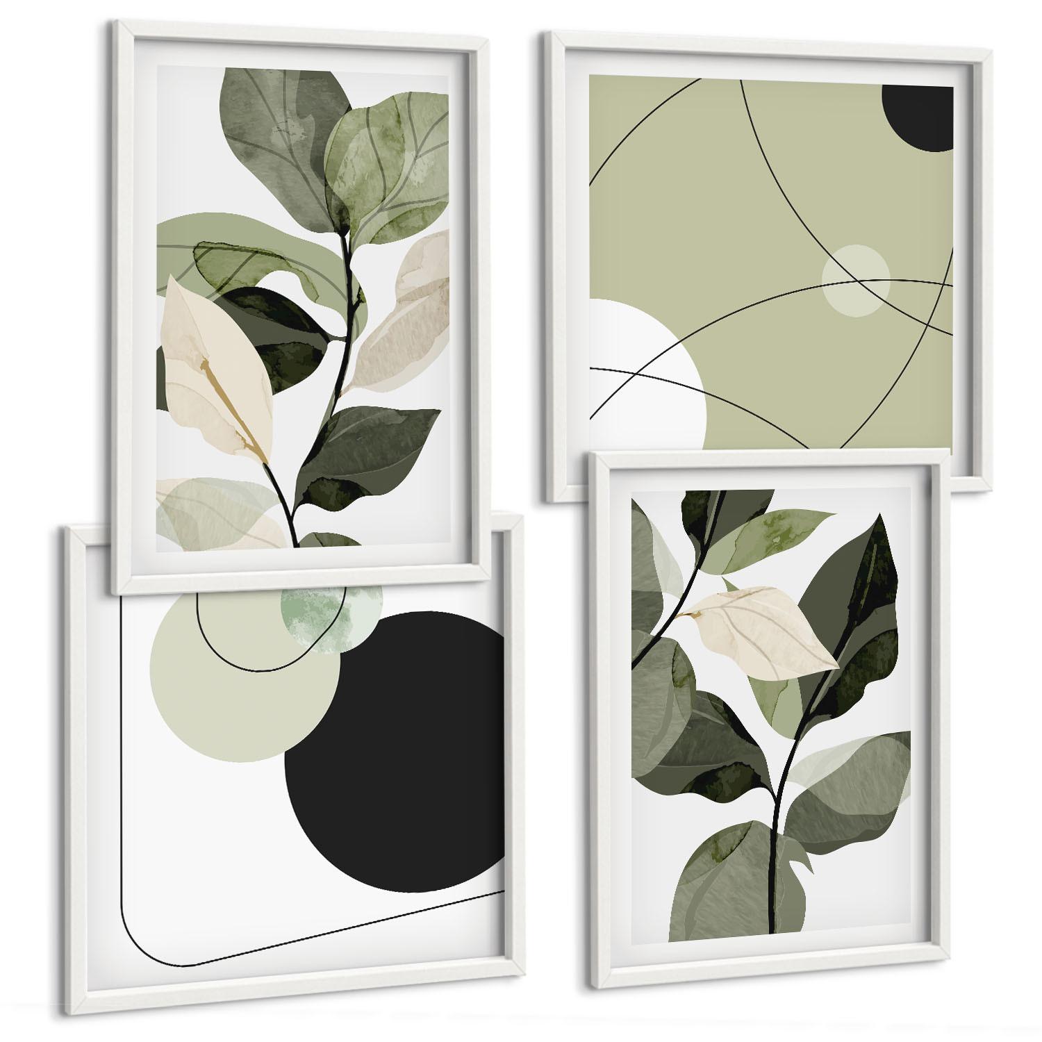 BILDER SET 4er Set - 50x50 cm & 40x60 cm Weißer Rahmen - Abstrakte Darstellung gemalter Blätter - Weiß, Kunststoff (50/50cm) - TULUP