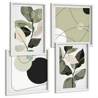 BILDER SET 4er Set - 50x50 cm & 40x60 cm Weißer Rahmen - Abstrakte Darstellung gemalter Blätter - Weiß, Kunststoff (50/50cm) - TULUP