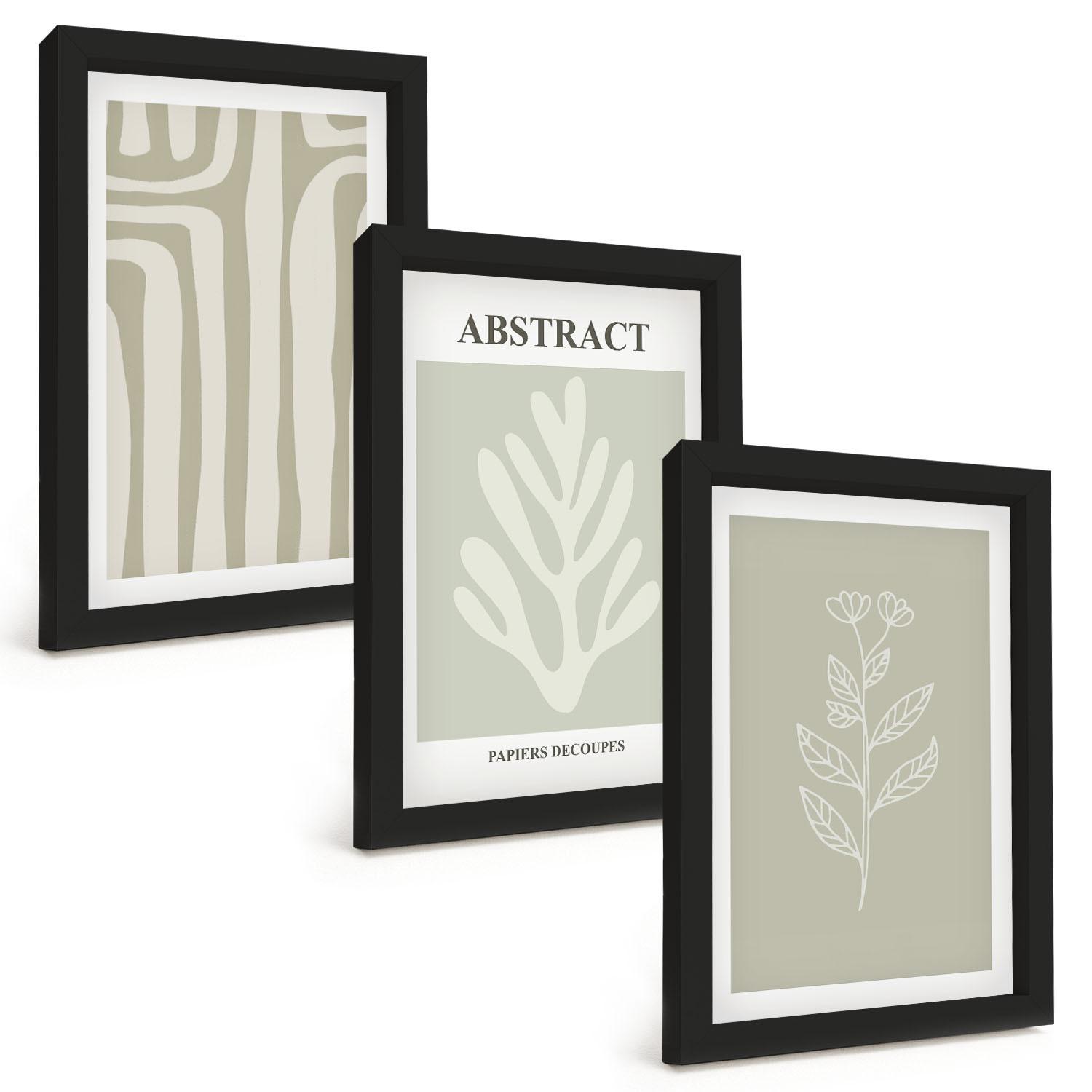 BILDER SET 3er Set - 20x30 cm Schwarzer Rahmen - Abstrakte Pflanzenmuster - Schwarz, Kunststoff (20/30cm) - TULUP