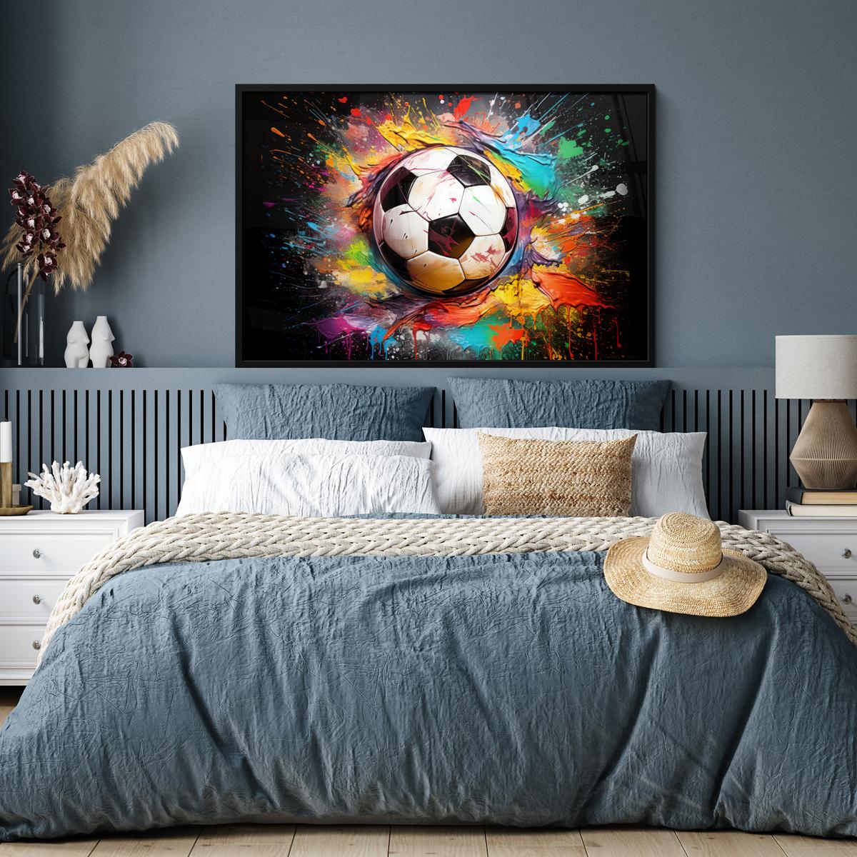 POSTER MIT RAHMENGERAHMTES BILD Fußball - Farbe - Farben - Schwarz - Weiß 120x80 cm - Weiß, Papier (120/80cm) - MuchoWow
