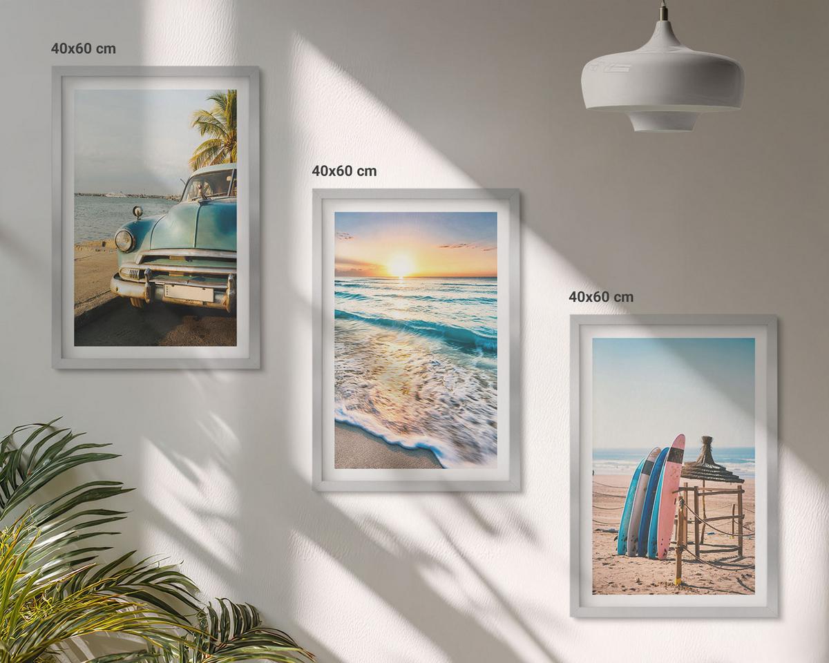 BILDER SET 3er Set - 40x60 cm Silberner Rahmen - Sonnenuntergangsurlaub in Miami - Silberfarben, Kunststoff (40/60cm) - TULUP