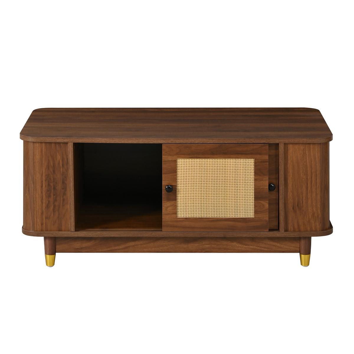 COUCHTISCH nussbaum-optik & rattan schiebetüren & abgerundete ecken - Walnussfarben, Holzwerkstoff (50/100/42cm) - Urban Meuble