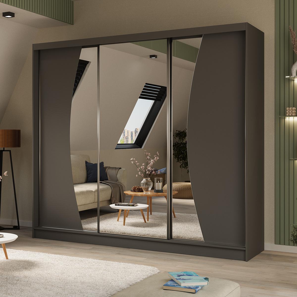 SCHWEBETÜRENSCHRANK Vox II 240/216/61 graphit mit Spiegel und Schubladen - Graphitfarben, Holzwerkstoff (240/216/61cm) - Beautysofa
