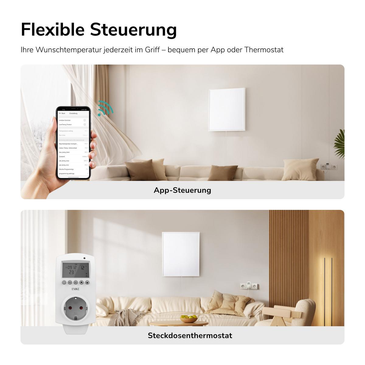 WANDKONVEKTOR Elektrisch 300 W mit Thermostat und App Steuerung 50,5/59,5 cm - Weiß, Kunststoff/Metall (50.5/59.5/2cm) - EMKE
