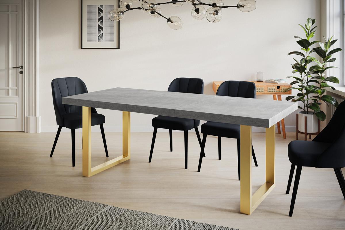 INDUSTRIELLER Esszimmertisch LOFT-U, ausziehbarer Tisch, Größe: 120-220X80X77 cm, Wohnzimmertisch Farbe: Grau, mit Metallbeinen in Farbe Gold - Goldfarben/Grau, Holzwerkstoff (120/80/77cm) - Alpi-Möbel