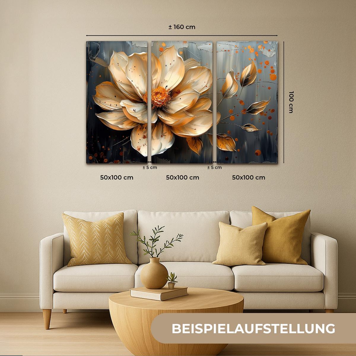 LEINWANDBILD 3er Set Blume - Gold - Abstrakt - Farbe 180x120 cm - Creme, Textil (180/120cm) - MuchoWow