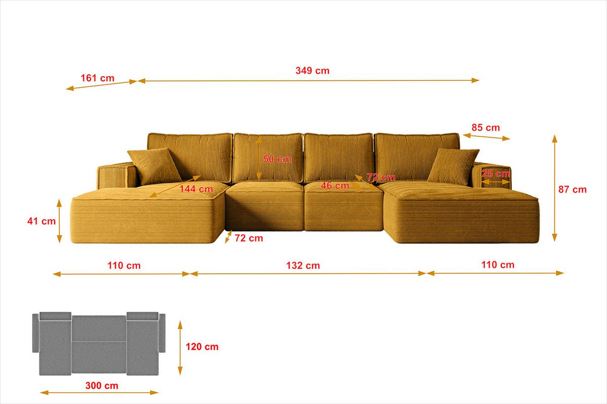 WOHNLANDSCHAFT mit Schlaffunktion und Bettkasten SIERRA-U-S - 349x161x87 cm Senfgelb Cord - Currygelb/Schwarz, Holzwerkstoff/Kunststoff (349/87/161cm) - ALTDECOR