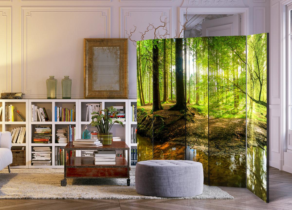 PARAVENT Einseitig Bedruckter 5-tlg 225x172 cm Waldsee Sonne - Grün, Holz/Textil (225/172/3cm) - Muralo