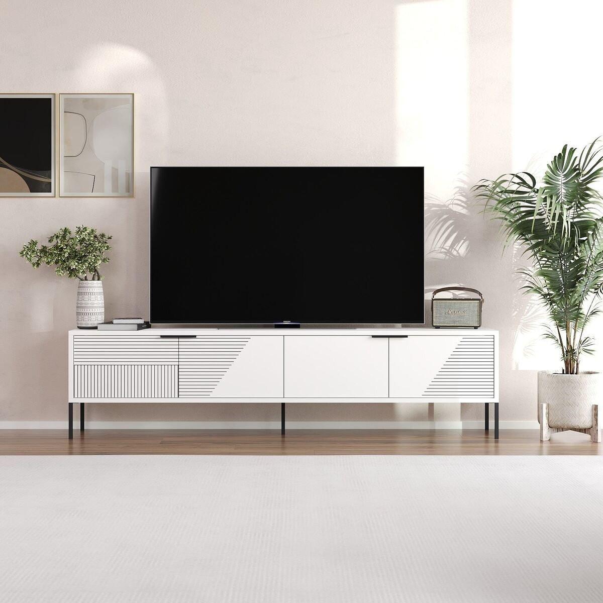TV-MÖBEL auf Füßen mit 2 klappbaren, gerippten Türen 30/180/45 cm - Weiß, Holzwerkstoff (30/45/180cm) - Calicosy
