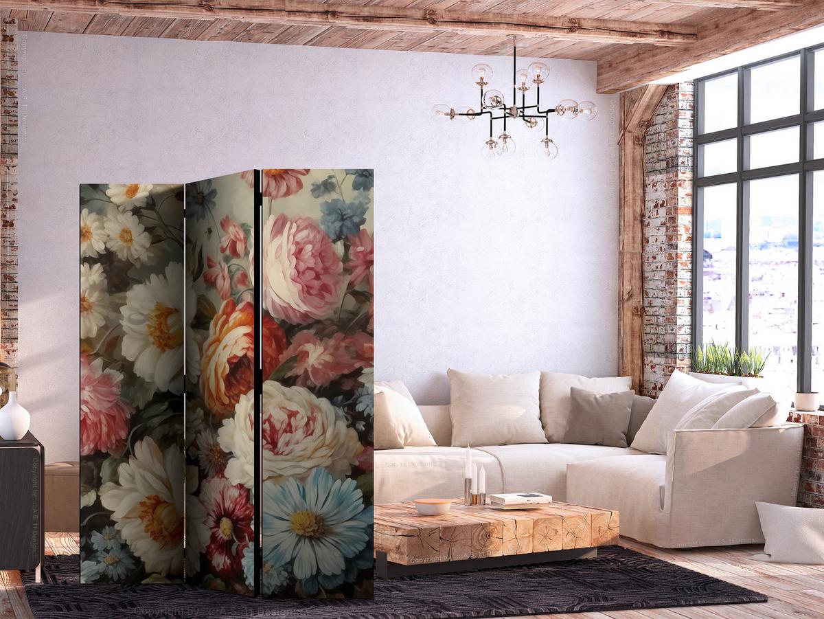 PARAVENT Beidseitig Bedruckter 3-tlg 135x172 cm Wildblumen im Retro - Multicolor, Holz/Textil (135/172/3cm) - Muralo