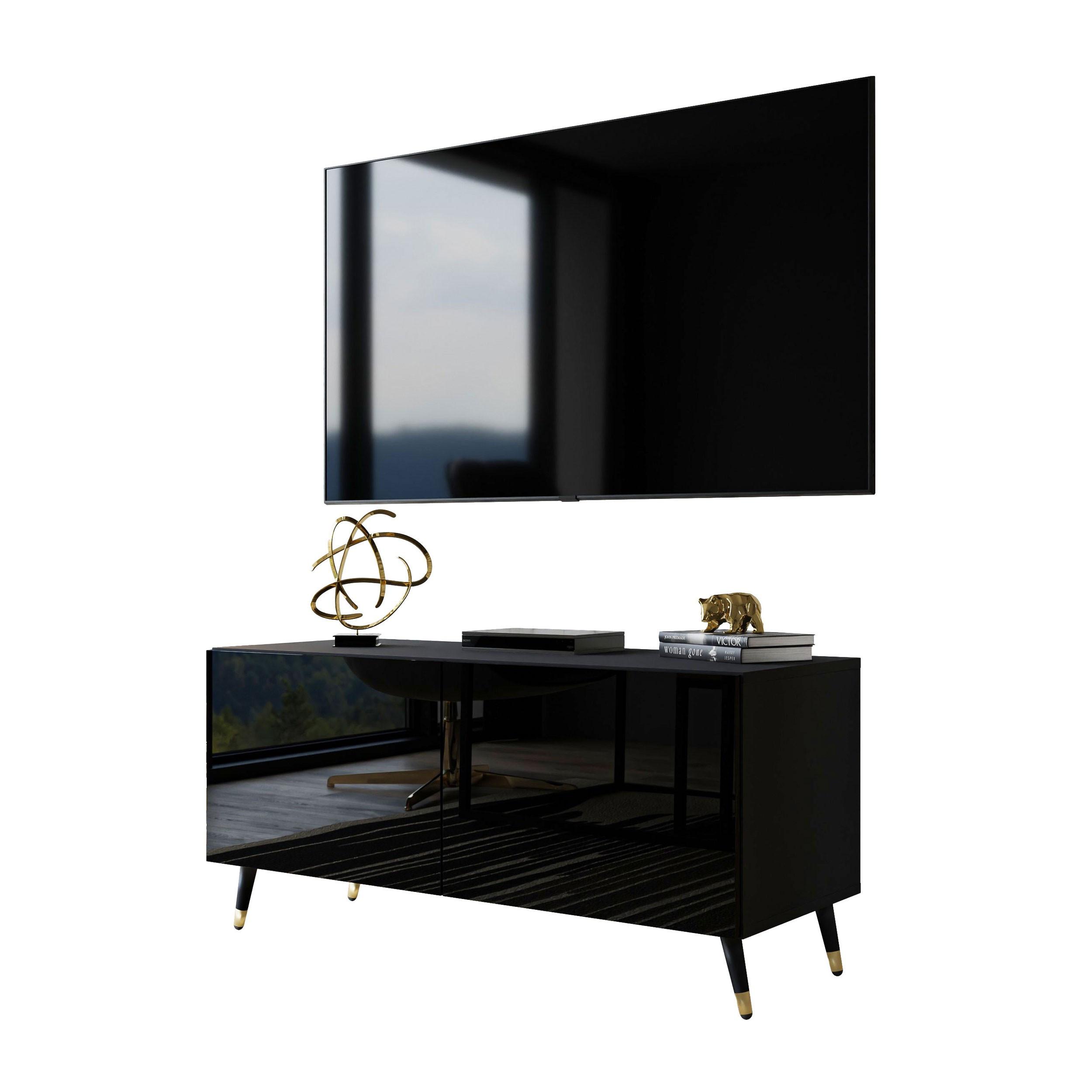 TV-ELEMENT AURA 100 Schwarz Hochglanz mit LED-Beleuchtung – Beinfarbe: Schwarz + Gold - Schwarz, Holzwerkstoff (100/48/40cm) - Lookway