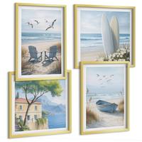 BILDER SET 4er Set - 50x50 cm & 40x60 cm Goldrahmen - Strandbretter, Surfboote, Vögel - Goldfarben, Kunststoff (50/50cm) - TULUP