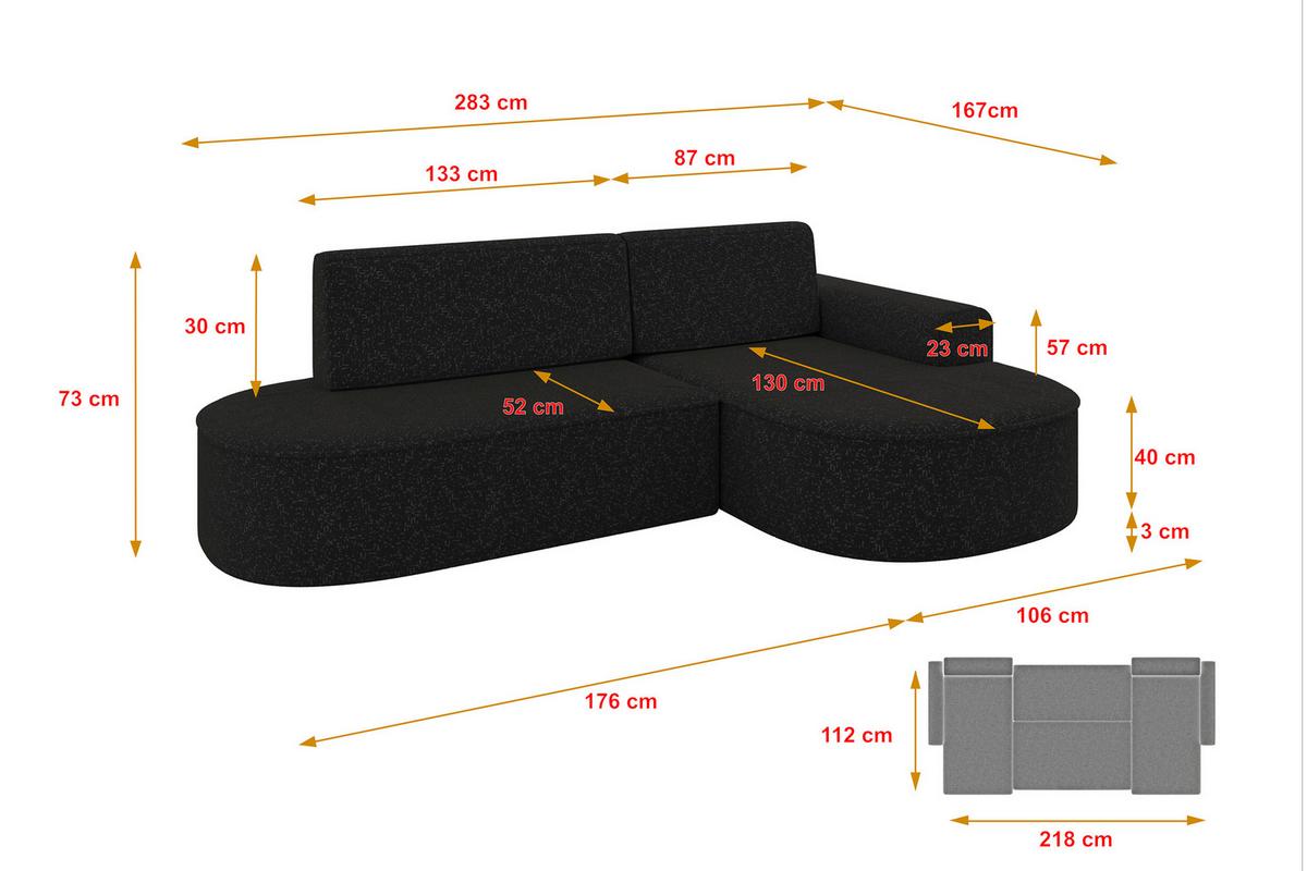 ECKSOFA mit Schlaffunktion und Bettkasten Ottomane Rechts MARI-L1-S - 283x167x73 cm Schwarz Tissu - Schwarz, Holzwerkstoff/Kunststoff (167/283cm) - ALTDECOR
