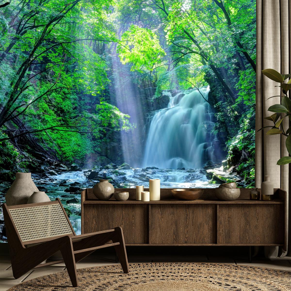 FOTOTAPETE für Schlafzimmer Wasserfall Wald Felsen Bäume Pflanzen 400x280 - Türkis/Blau, Papier (400/280cm) - Muralo
