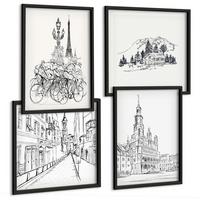 BILDER SET 4er Set - 50x50 cm & 40x60 cm Schwarzer Rahmen - Einfache Zeichnungen von Stadtansichten - Schwarz, Kunststoff (50/50cm) - TULUP