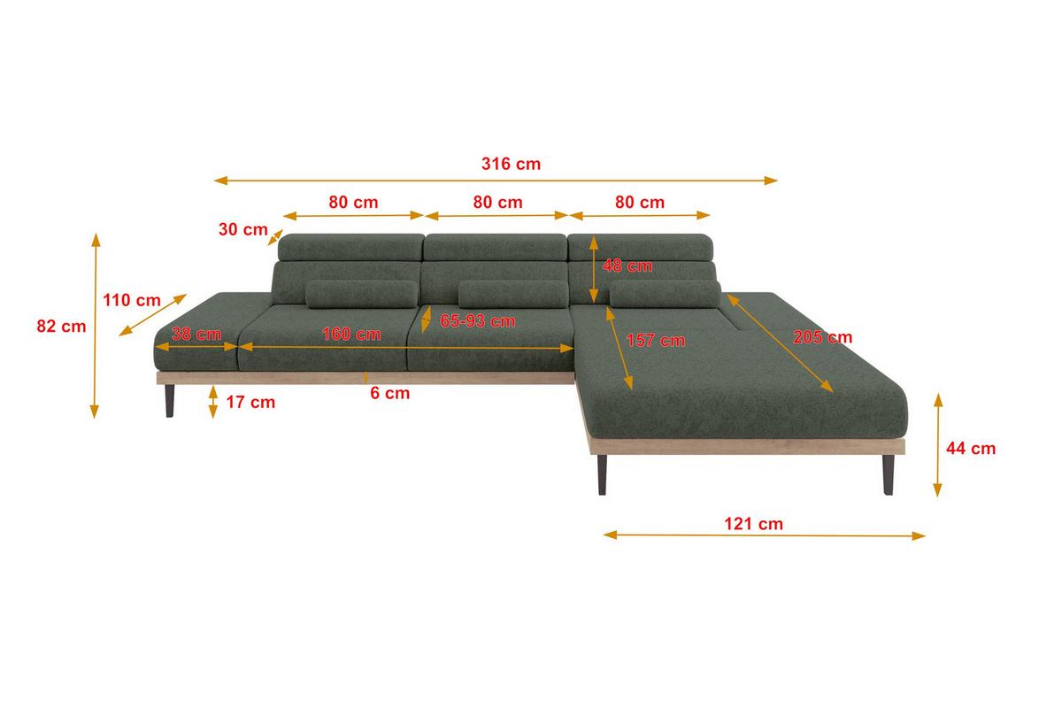 ELEKTRISCHES ECKSOFA Rechts MONA 316x205x85 Grün Velours - Grün, Holzwerkstoff/Textil (316/205cm) - ALTDECOR