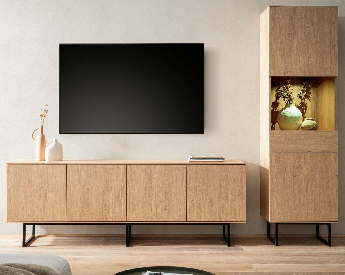 WOHNWAND Stone Eiche, Wohnzimmer Set mit TV Lowboard 200 cm und Vitrinenschrank, Push-Open-Funktion - Eichefarben/Schwarz, Holzwerkstoff/Metall (270/200/40cm) - Furn.Design