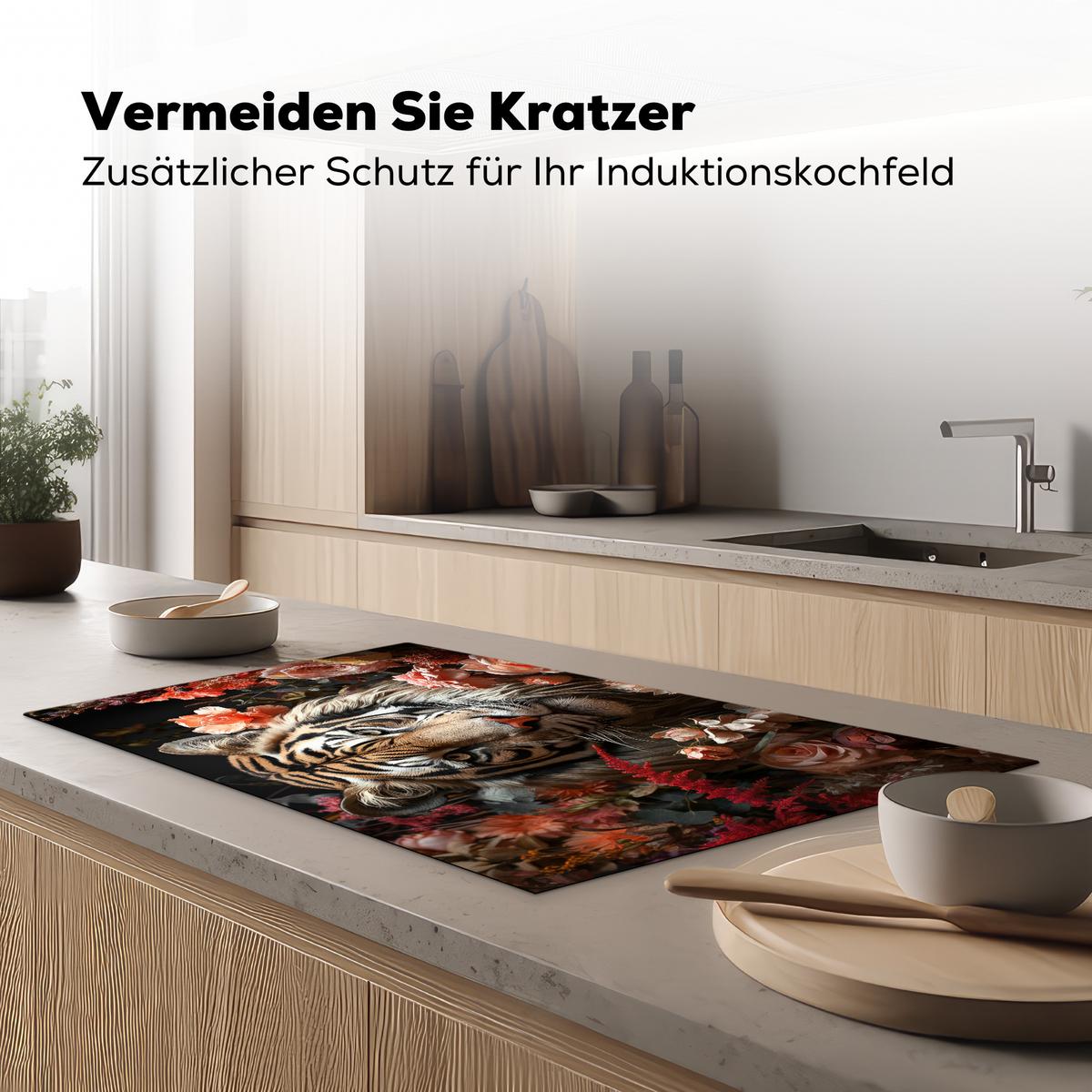 HERDABDECKPLATTE Tiger - Tier - Natur - Floral - Botanisch Ceranfeldabdeckung 90x52 cm - Orange, Kunststoff (90/52/0.2cm) - MuchoWow