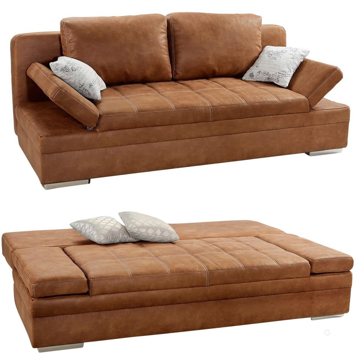 SCHLAFSOFA mit Bettkasten, Wellenfederung, Armlehnen verstellbar B200/T100/H84 cm, Liegefl.148x200 cm, Antikleder-Optik Mikrofaser Braun Curry / 15117 - Hellbraun/Chromfarben, Textil/Metall (200/84/100cm) - luma-home