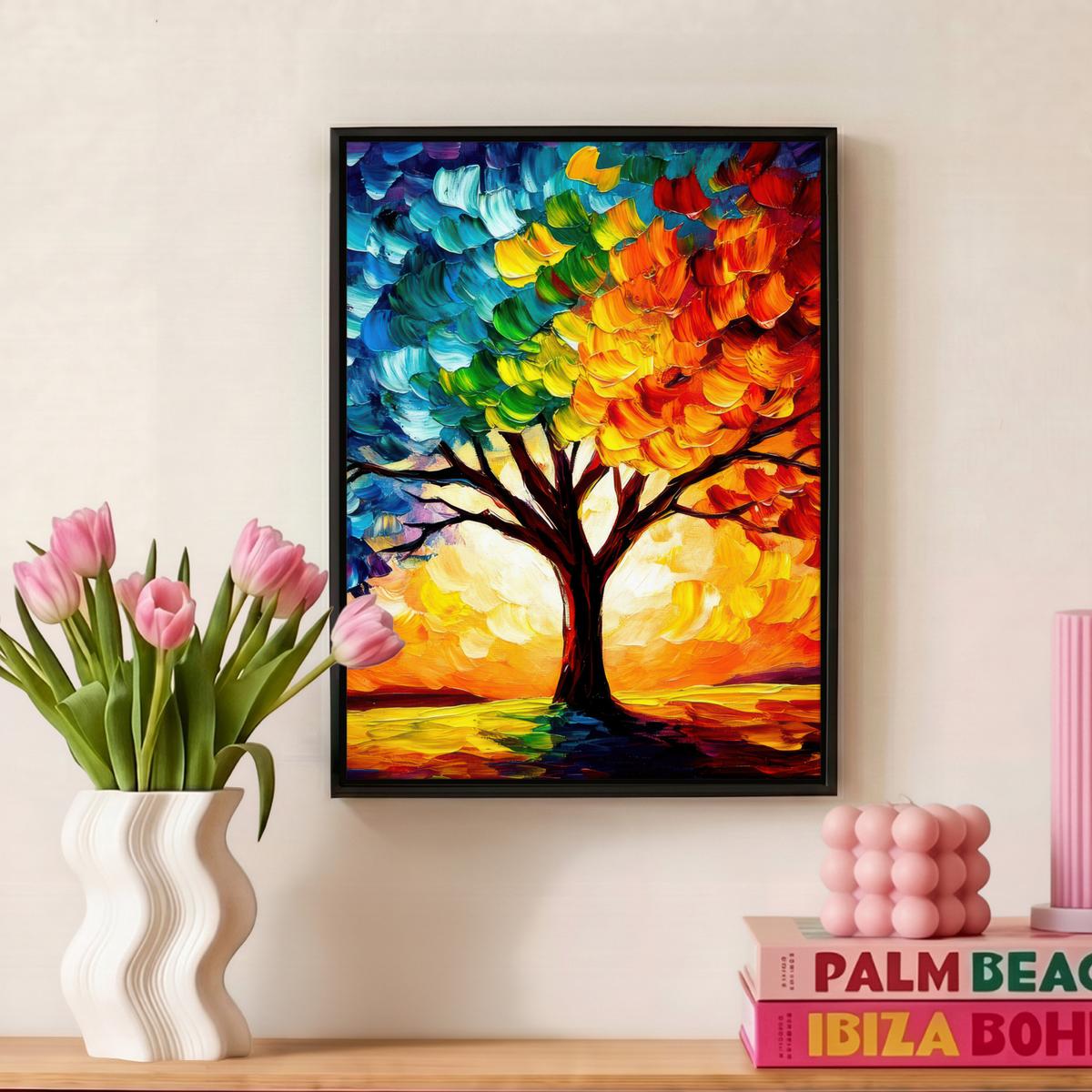 LEINWAND Bilder mit Rahmen - Baum - Kunst - Natur - Sonnenuntergang - 30x40 - Multicolor, Textil (30/40cm) - MuchoWow