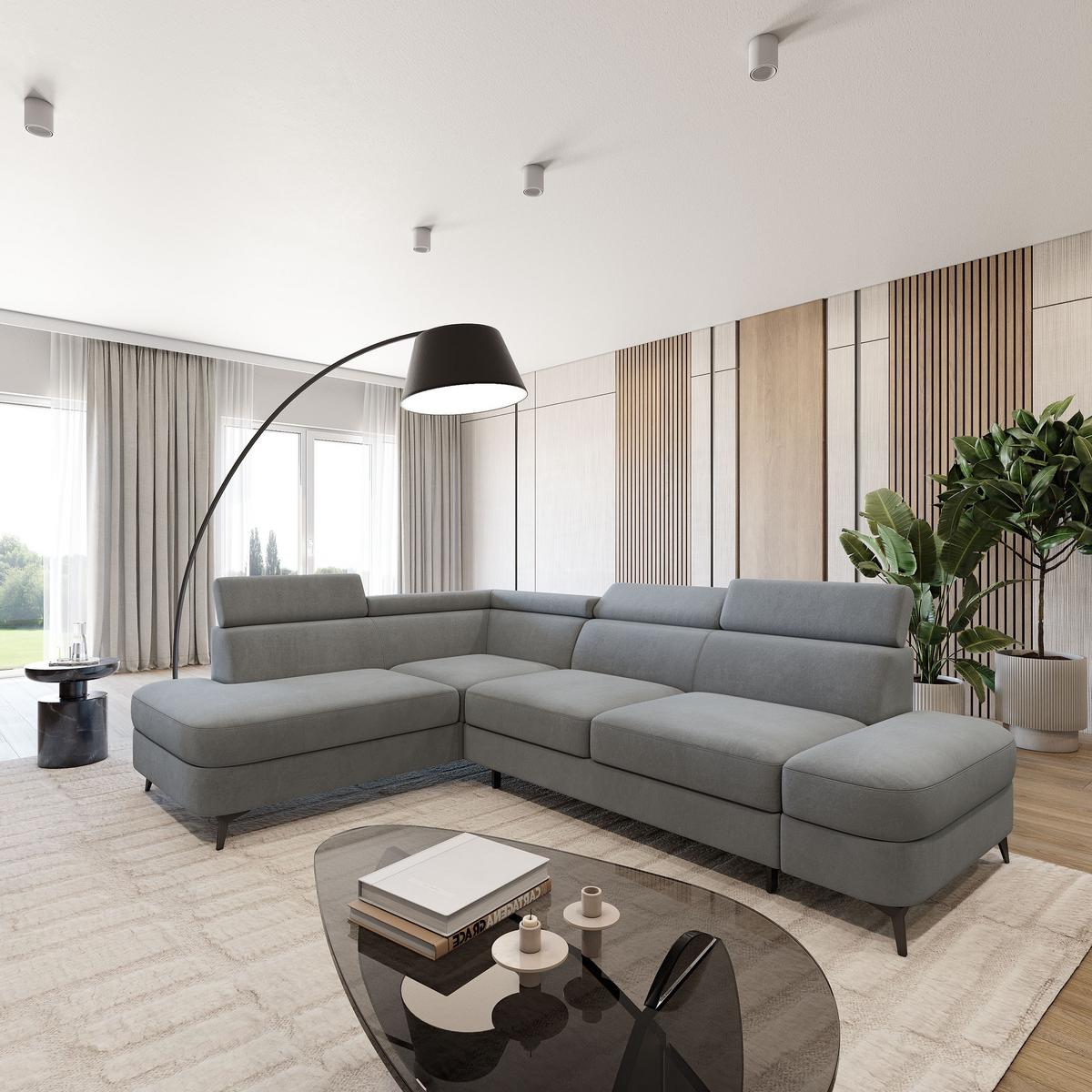 ECKSOFA AVISE MV L-S Grau Velours-Stoff mit Schlaffunktion - Grau, Holzwerkstoff/Textil (268/195cm) - MASSENO
