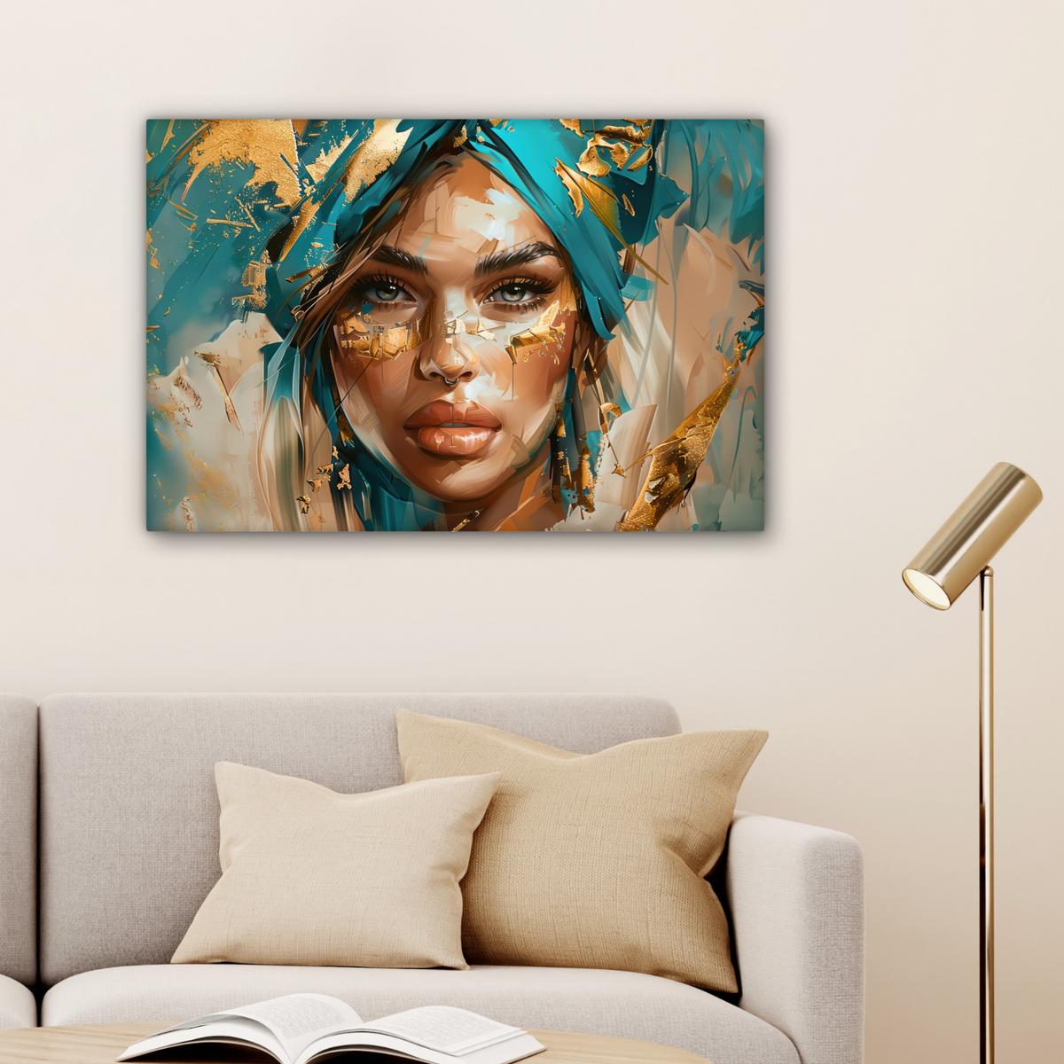 LEINWANDBILD Frau - Porträt - Gold - Luxus - Blau Wanddeko 90x60 cm - Türkis, Textil (90/60cm) - MuchoWow