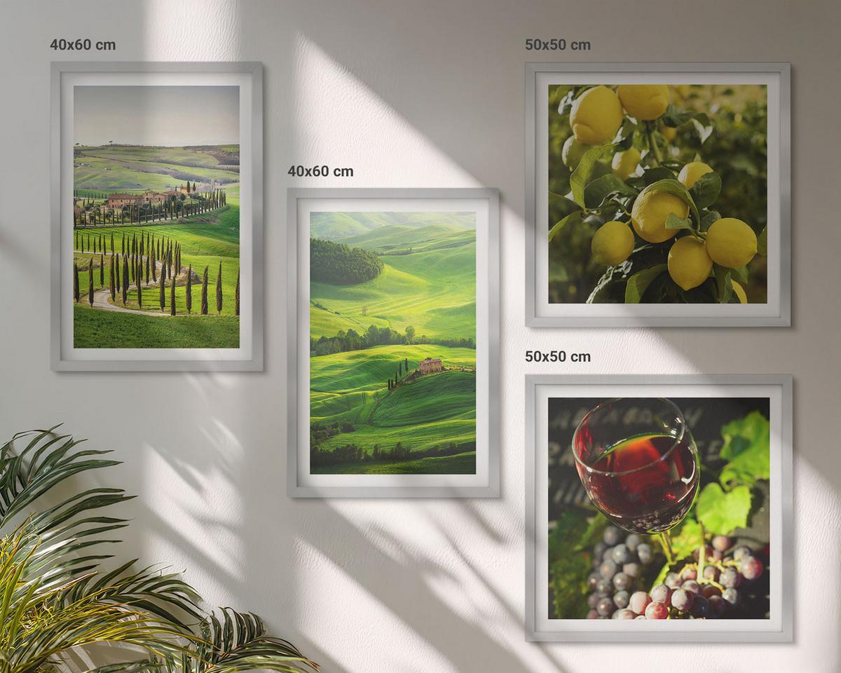 BILDER SET 4er Set - 50x50 cm & 40x60 cm Silberner Rahmen - Italienische Landschaften, Zitrushügel - Silberfarben, Kunststoff (50/50cm) - TULUP