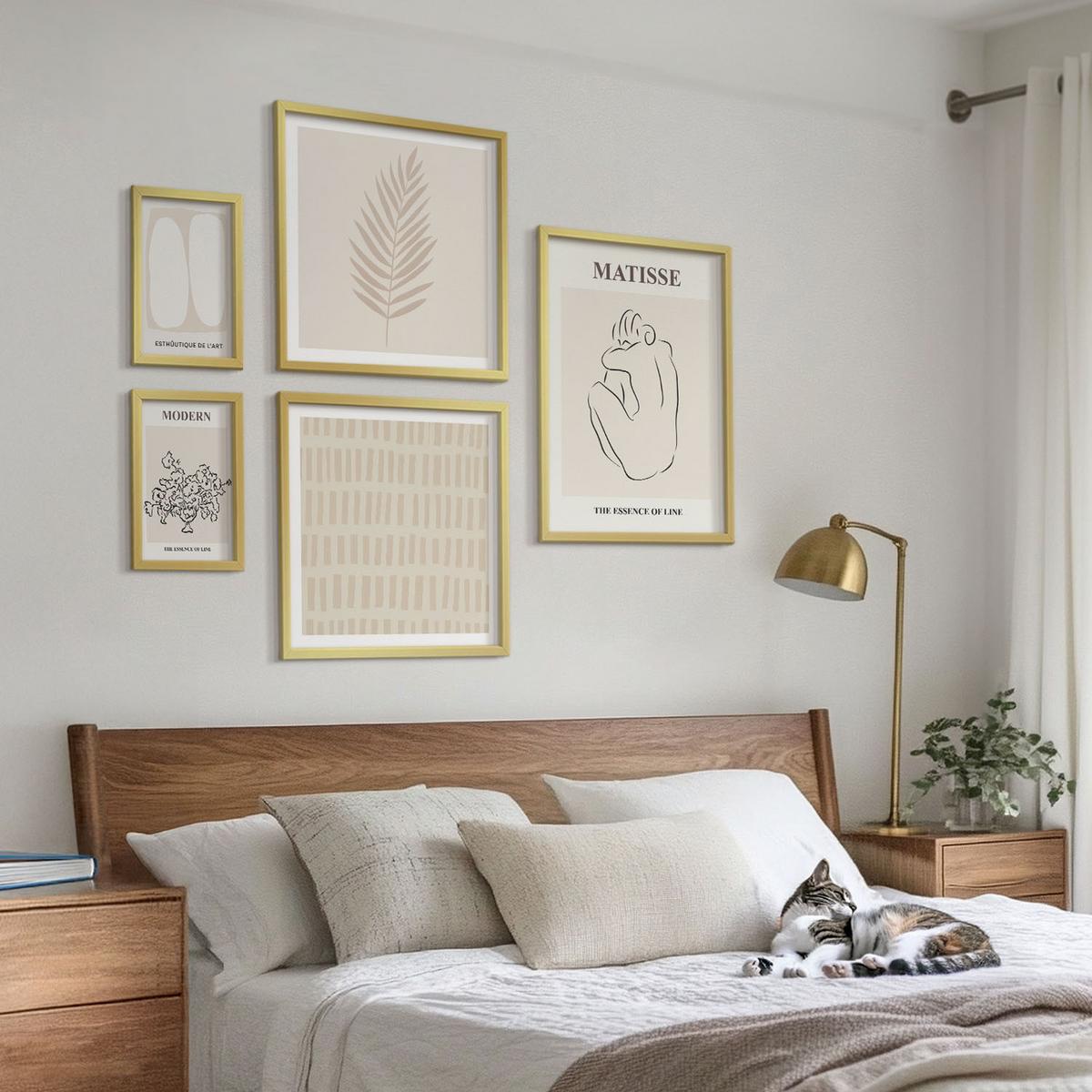 BILDER SET 5er Set - 50x50 cm & 20x30 cm & 40x60 cm Goldrahmen - Linien, Formen, Beige, Weiß - Goldfarben, Kunststoff (40/60cm) - TULUP