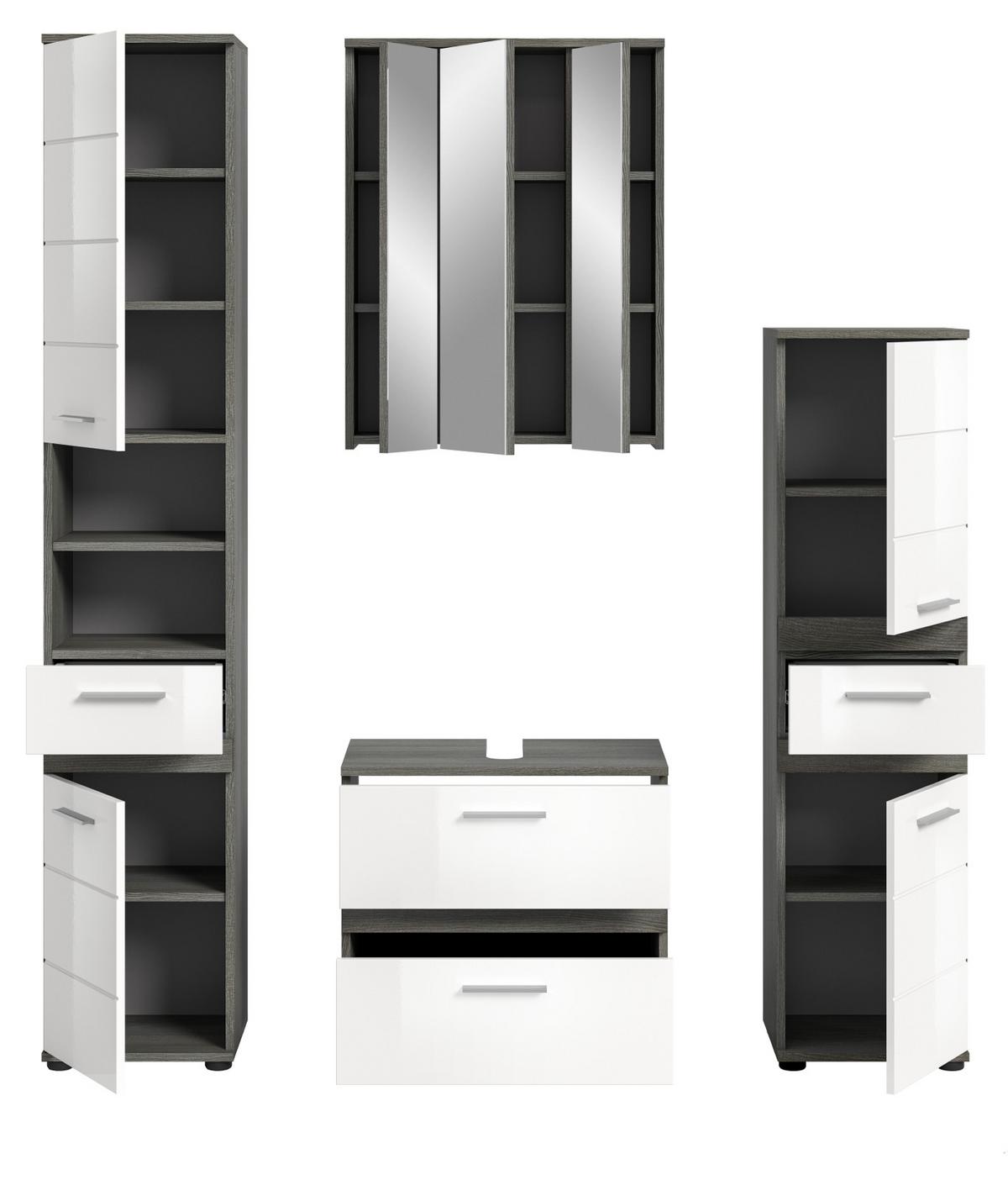 BADMÖBEL-SET weiß Hochglanz, grau 4-teilig 160 cm, Kombination mit viel Stauraum - Weiß Hochglanz/Grau, Holzwerkstoff/Metall (160/191/34cm) - Inn.Furn