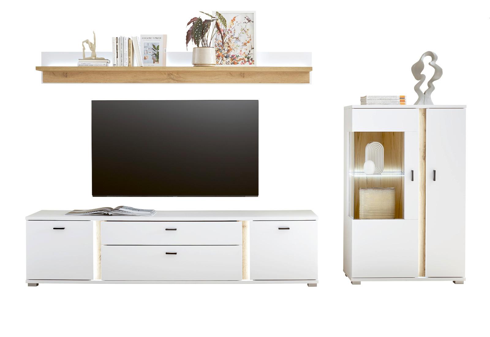 WOHNWAND 3-teilig weiß matt, Eiche Wotan 290 cm, Wohnkombination inklusive Frontbeleuchtung - Eiche Wotan/Silberfarben, Glas/Holzwerkstoff (290/170/42cm) - Furn.Design