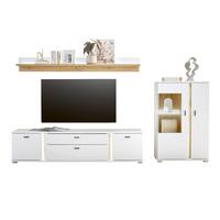 WOHNWAND 3-teilig weiß matt, Eiche Wotan 290 cm, Wohnkombination inklusive Frontbeleuchtung - Eiche Wotan/Silberfarben, Glas/Holzwerkstoff (290/170/42cm) - Furn.Design