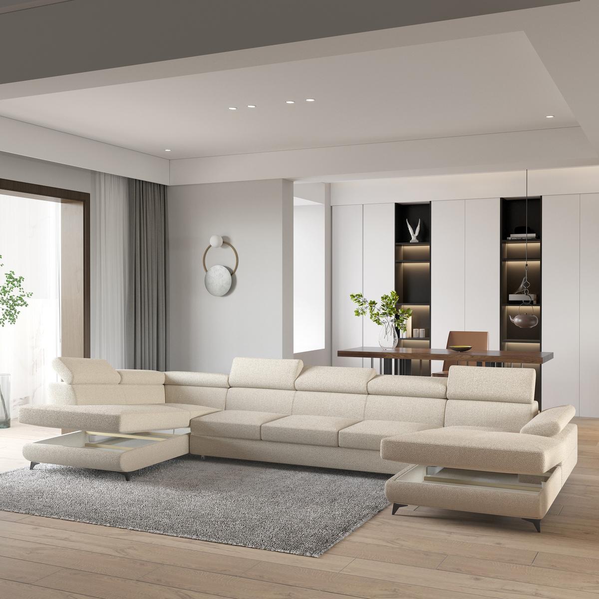 WOHNLANDSCHAFT MONTIVA Creme Boucle-Stoff mit Schlaffunktion - Creme, Holz (410/89/190cm) - MASSENO