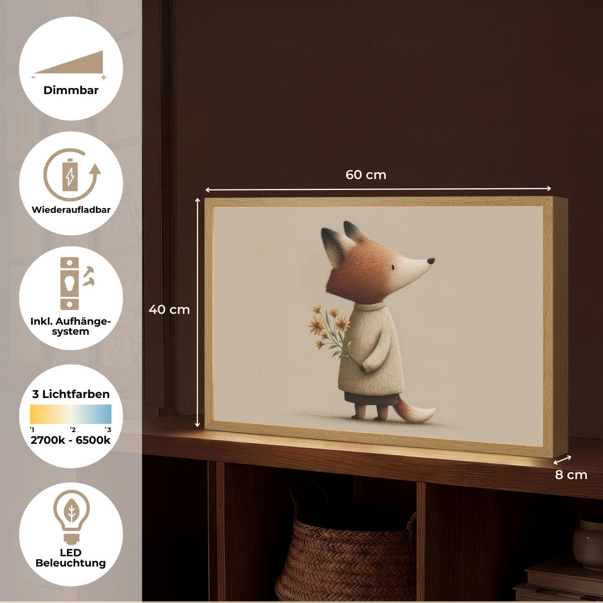 WANDLEUCHTE MIT AKKU Fuchs - Gelbe Blumen - Minimalistisch 60x40 cm - Taupe, Holzwerkstoff (60/40/8cm) - OnlyWow
