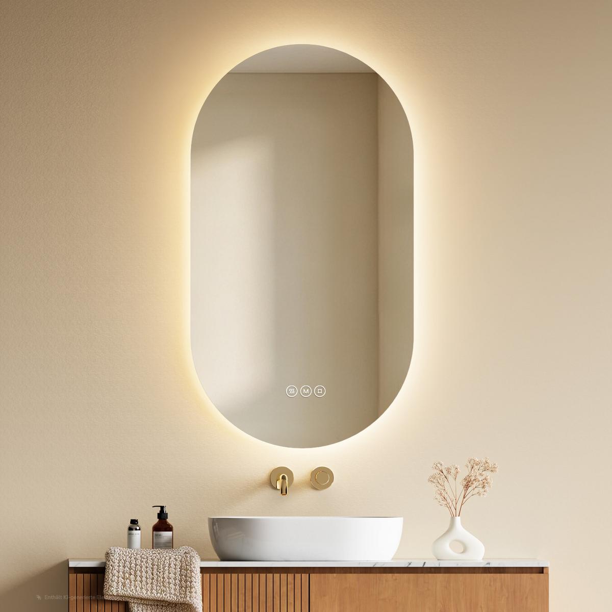 BADSPIEGEL oval mit LED-Beleuchtung 50 x 90 cm Antibeschlag - Transparent, Glas (50/90/2.5cm) - EMKE
