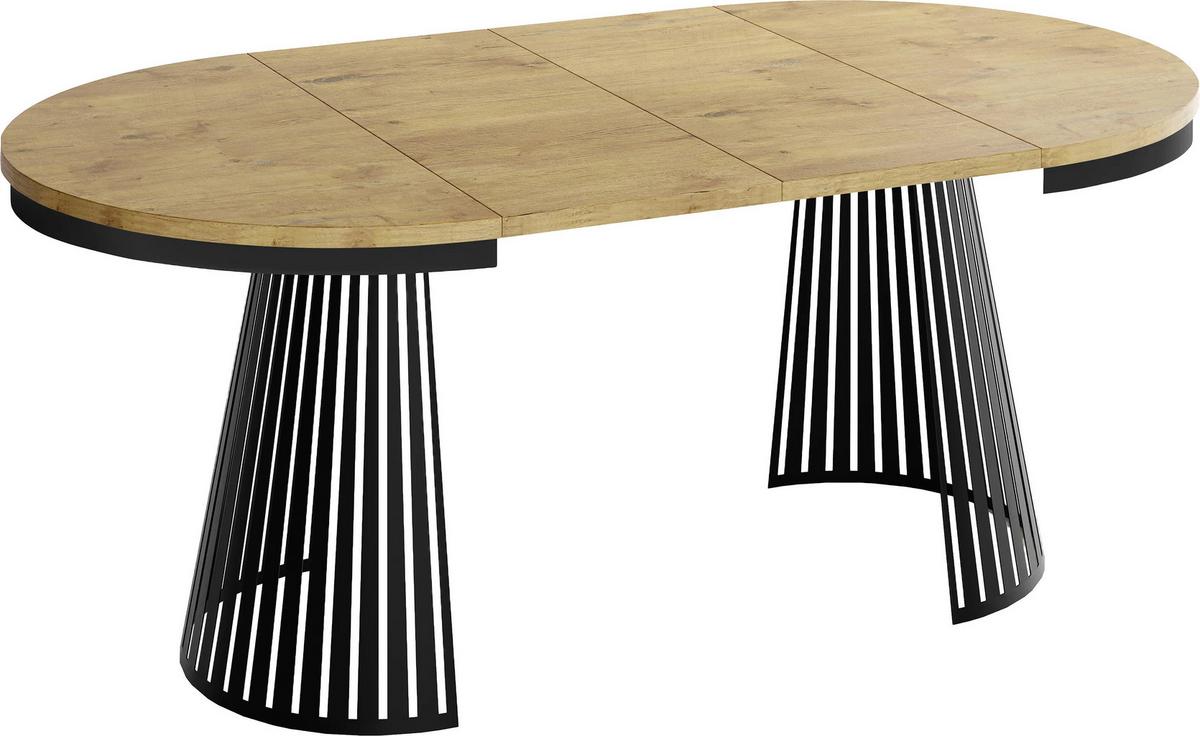 ESSTISCH Naro rund ausziehbar mit Schwarzem Lamellen-Metallgestell, Braun 120-200/120/76 cm - Eichefarben/Schwarz, Holzwerkstoff/Metall (120/196/76cm) - WFL GROUP