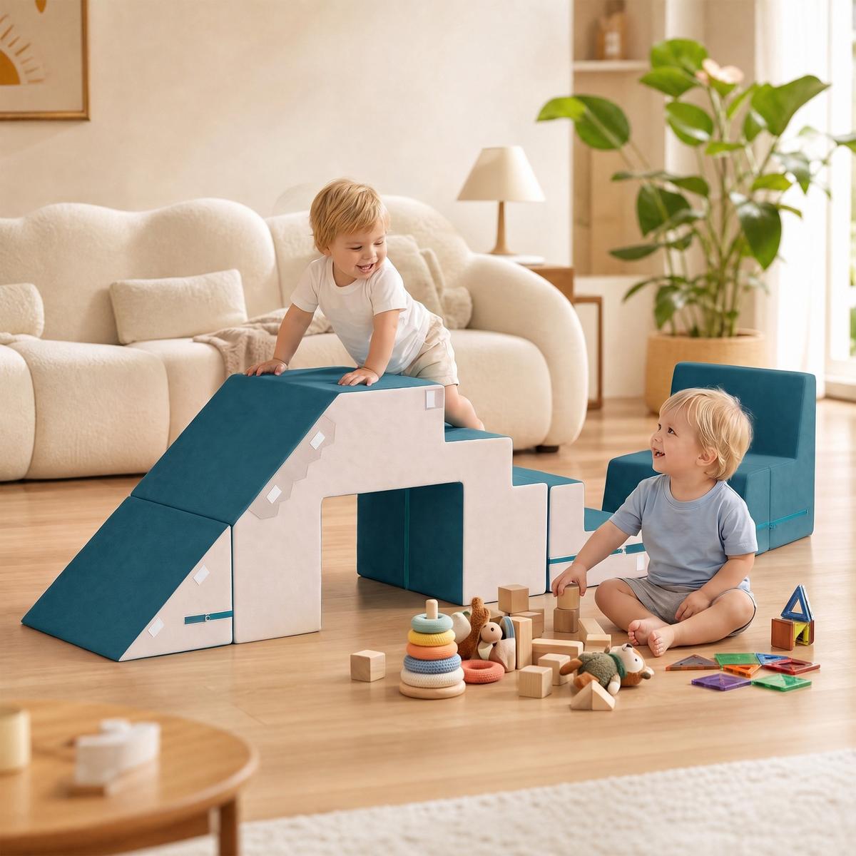 KINDER-SPIELSOFA 2er Set Samt Schaumstoff Blau - Dunkelblau, Textil (39/131cm) - AIYAPLAY