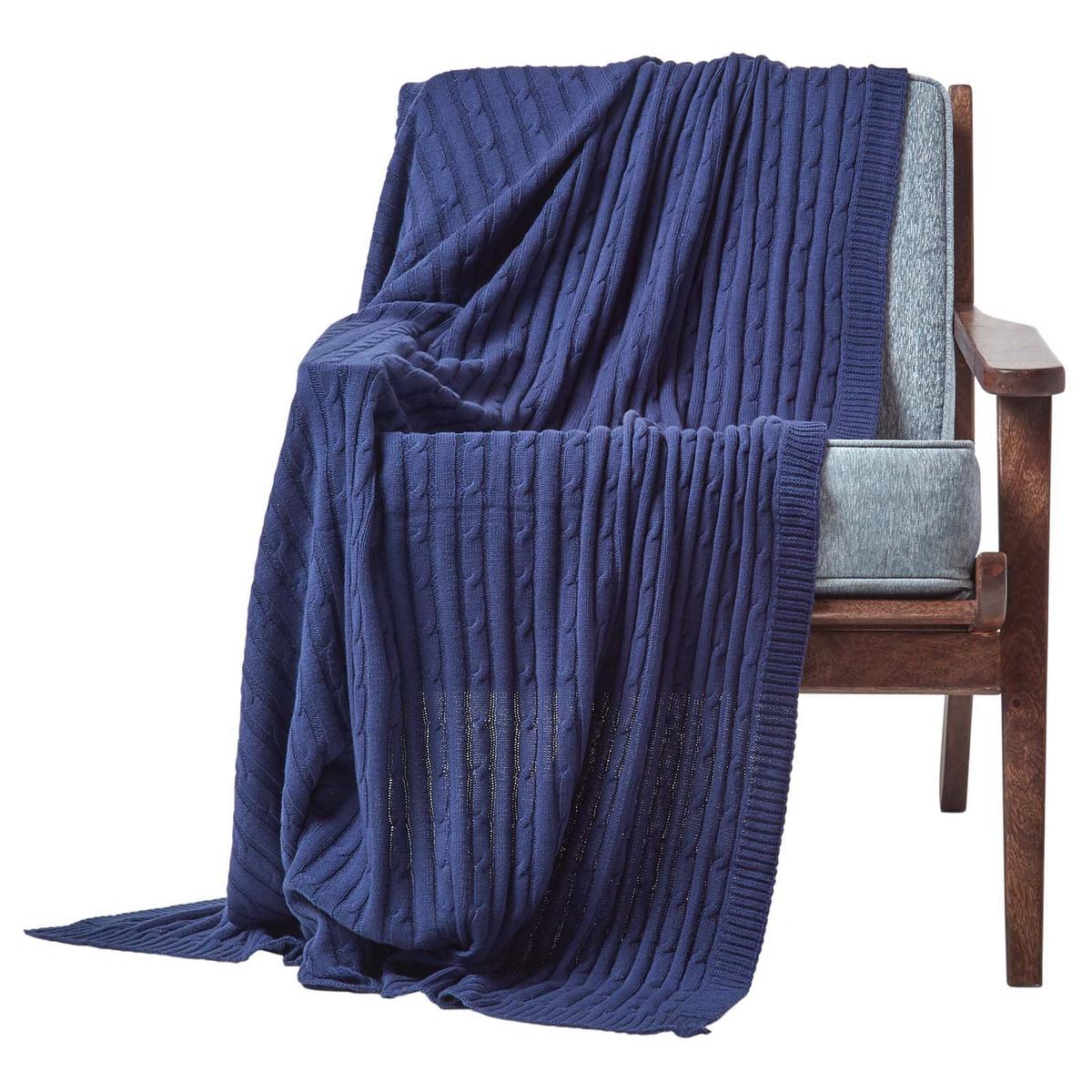 STRICKDECKE 130/170 cm, Baumwolle mit Zopfmuster - Dunkelblau, Textil (130/170cm) - Homescapes