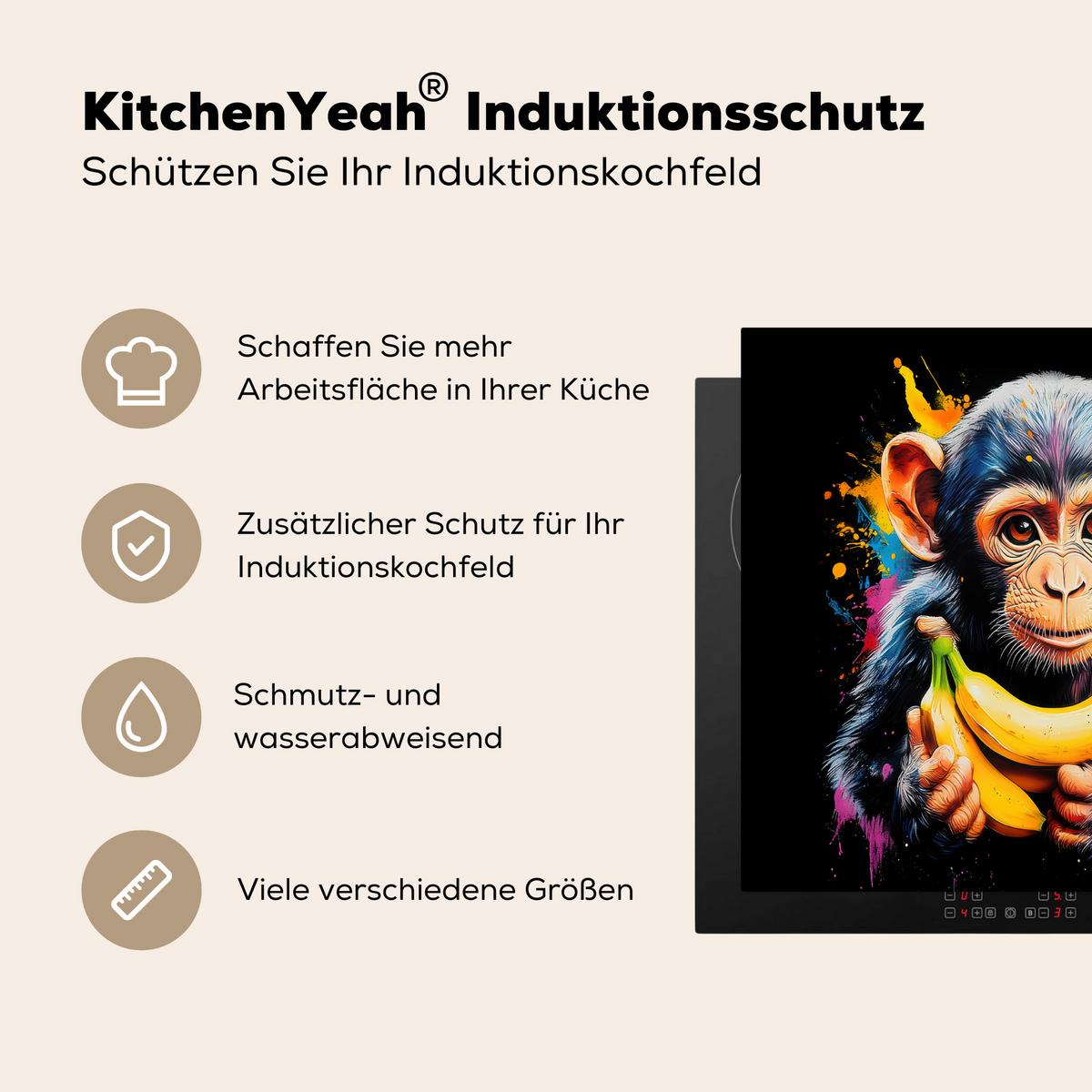 HERDABDECKPLATTE Affe - Graffiti - Farbenfroh - Bananen - Modern Ceranfeldabdeckung 59x52 cm - Gelb, Kunststoff (59/52/0.2cm) - MuchoWow