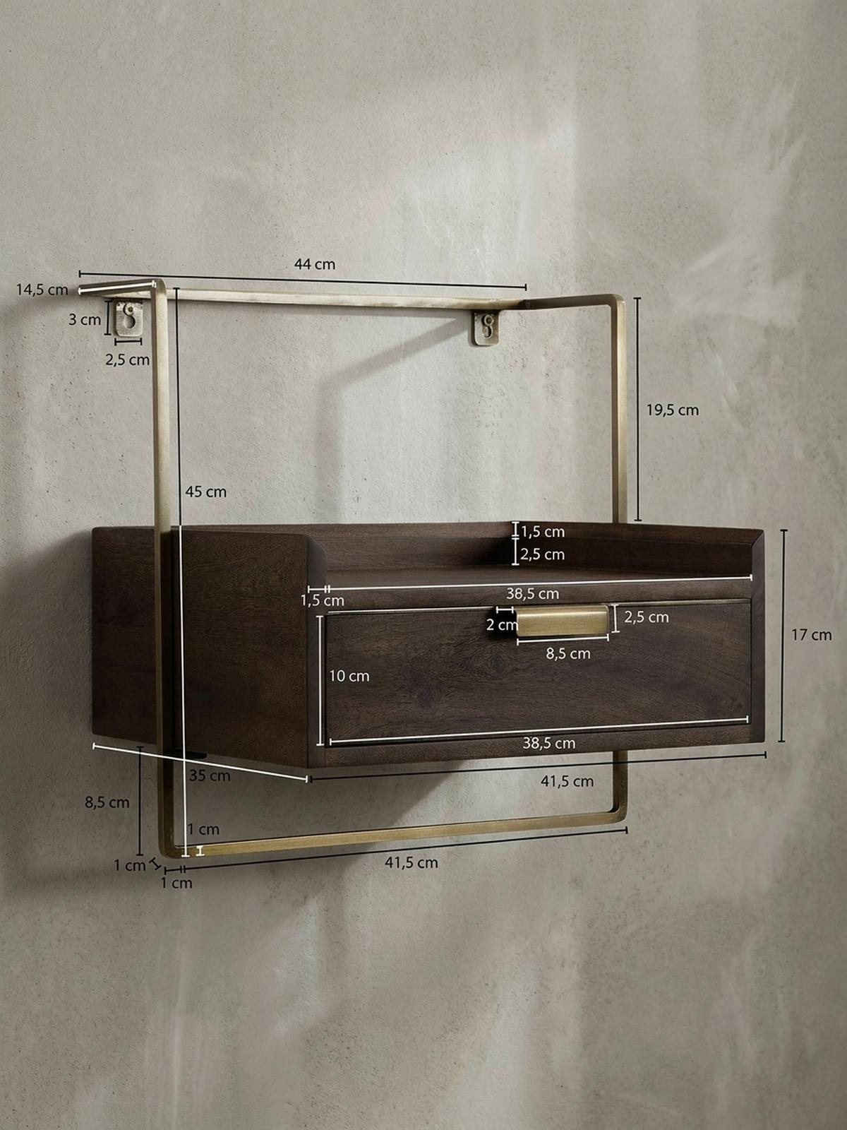 NACHTTISCH Mango Massivholz Wandmontage Schublade Boxspringbett, Braun 44x35x45 cm - Goldfarben/Braun, Holz/Metall (44/45/35cm) - KADIMA DESIGN