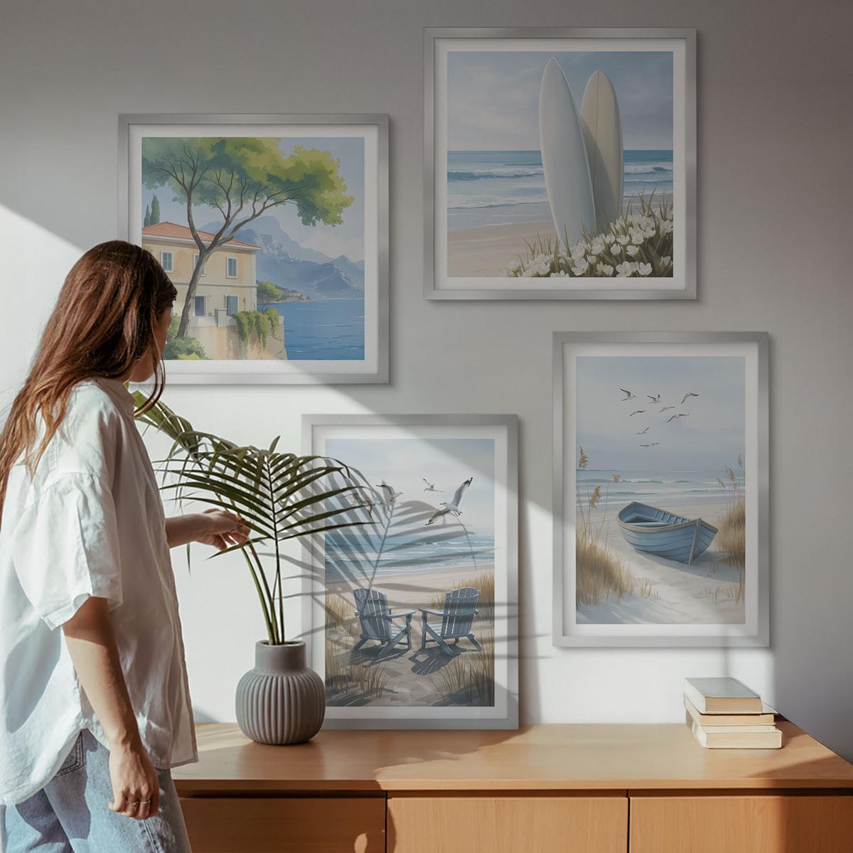 BILDER SET 4er Set - 50x50 cm & 40x60 cm Silberner Rahmen - Strandbretter, Surfboote, Vögel - Silberfarben, Kunststoff (50/50cm) - TULUP